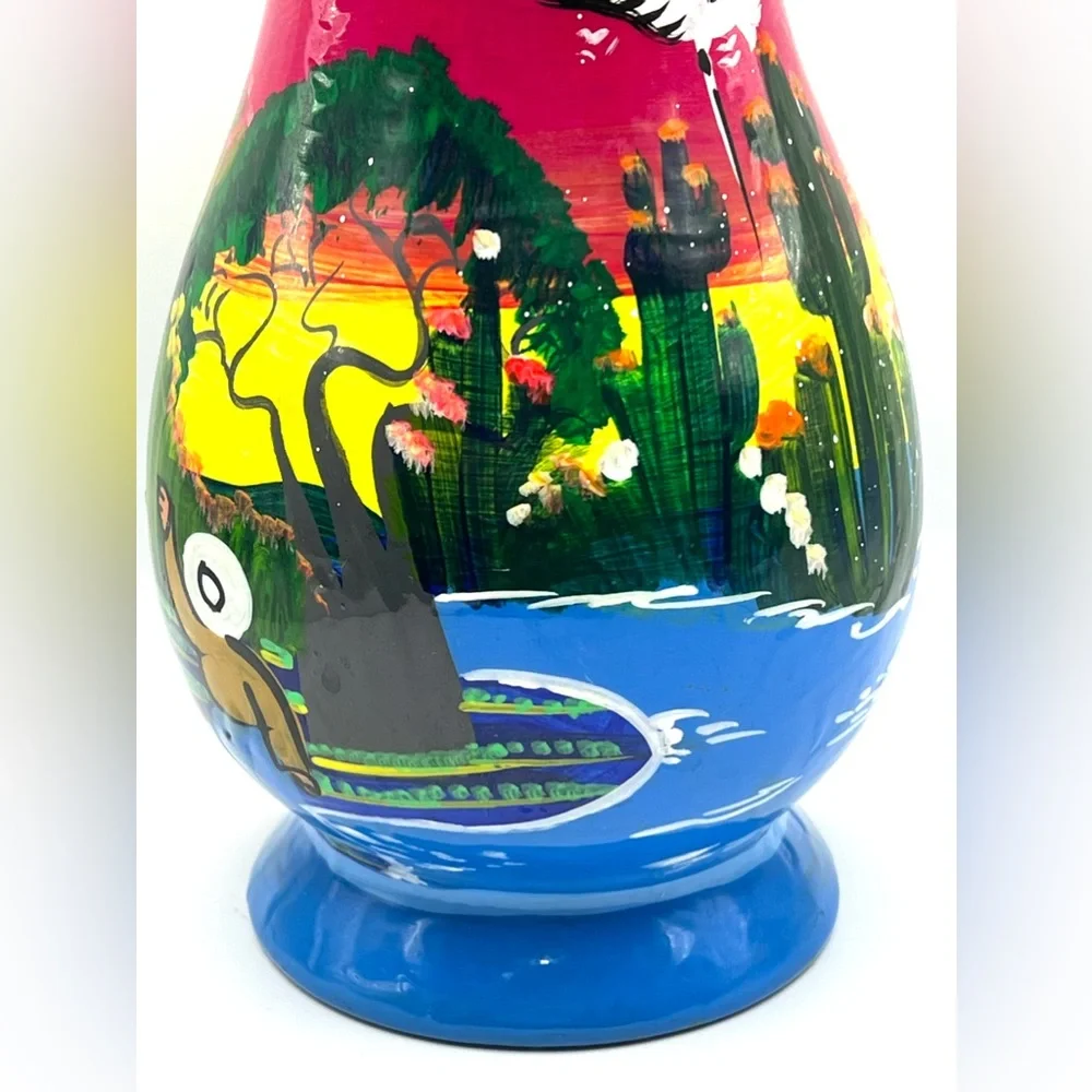 Mexican Talavera Folk Art Handpainted Colorful Flower Decorative Vase 8.5 in
